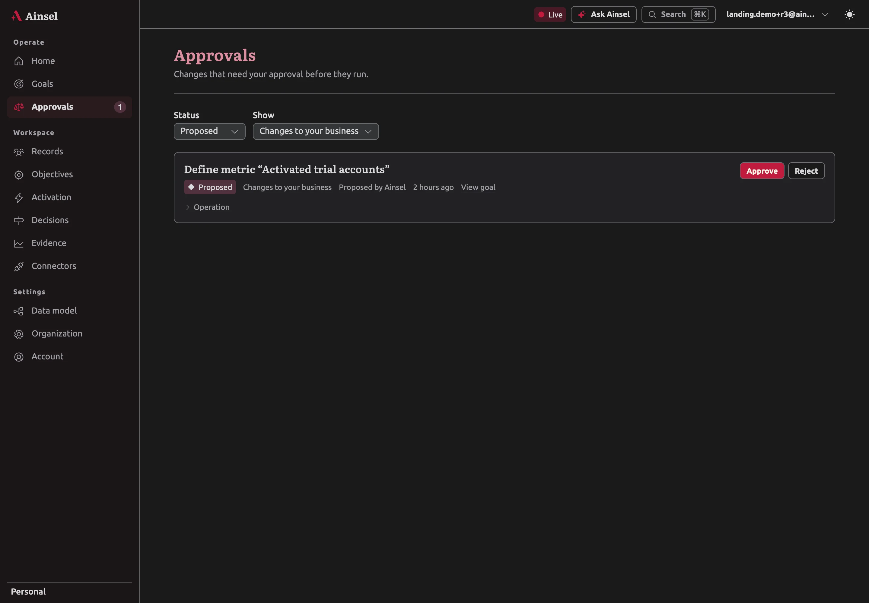 The Approvals page in the Ainsel dashboard with changes waiting for review.