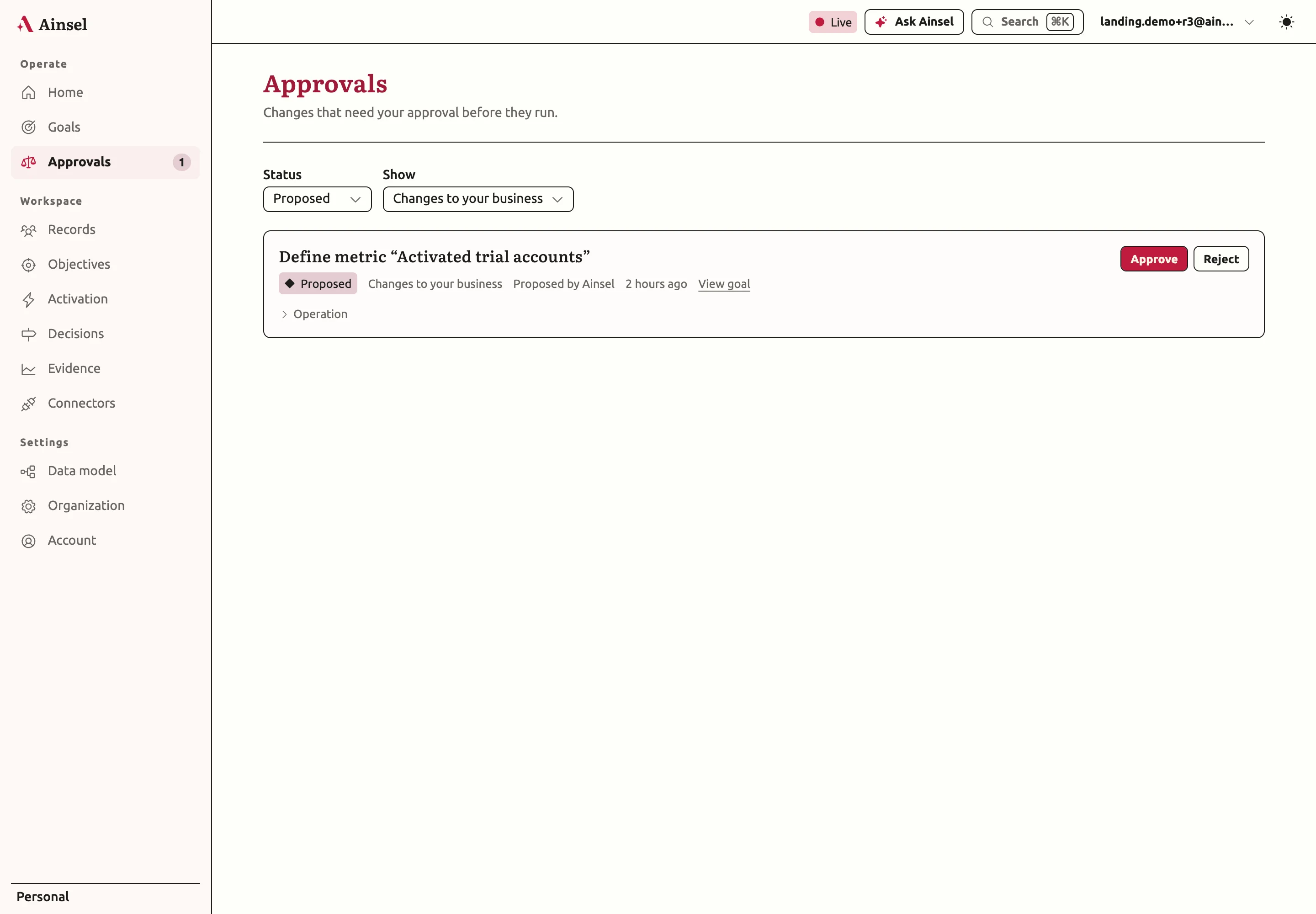 The Approvals page in the Ainsel dashboard with changes waiting for review.